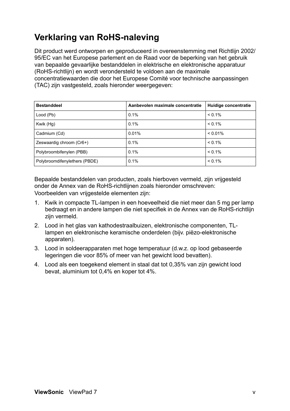 Verklaring van rohs-naleving | VIEWSONIC ViewPad 7 VS13761 User Manual | Page 6 / 69
