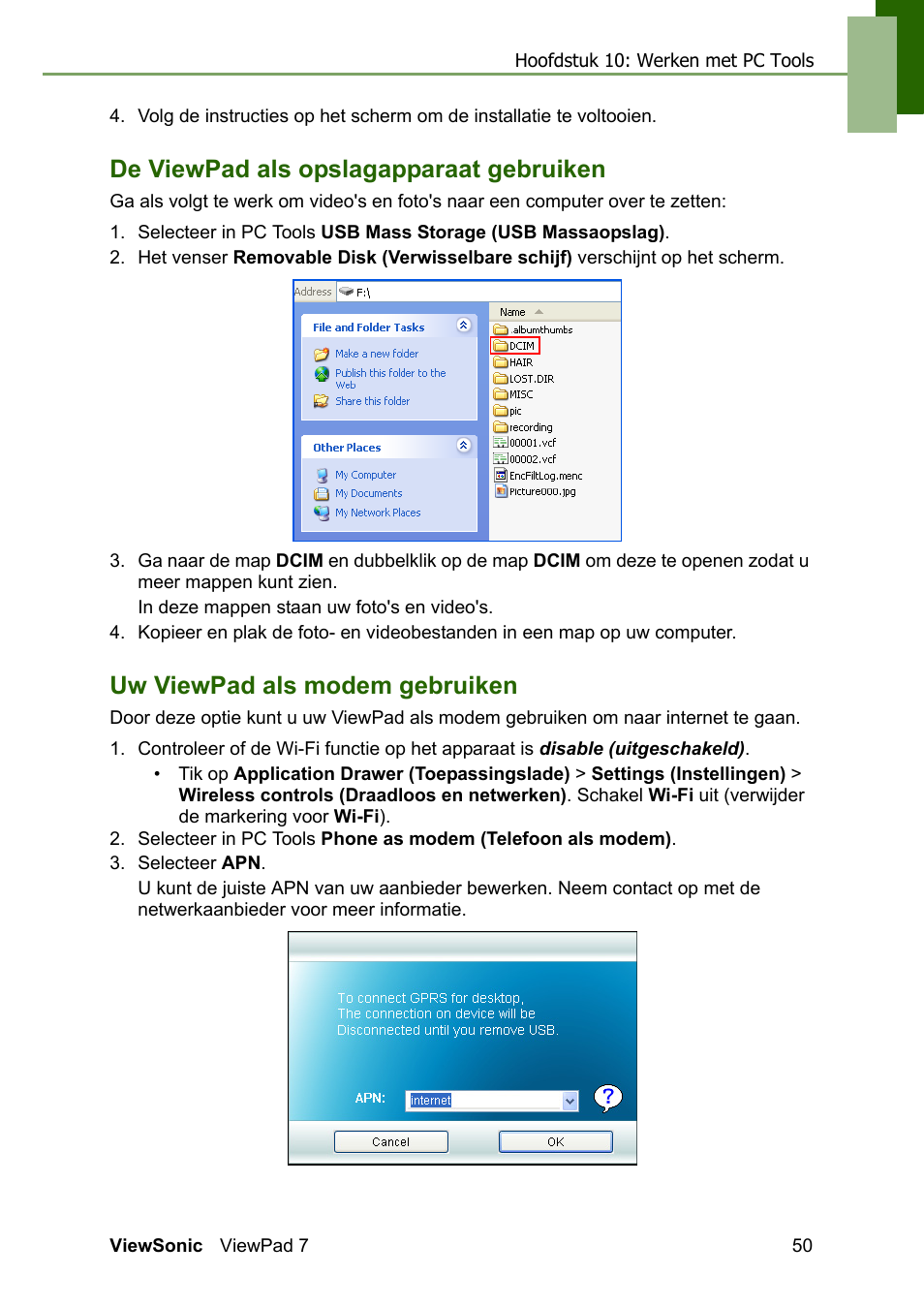 De viewpad als opslagapparaat gebruiken, Uw viewpad als modem gebruiken | VIEWSONIC ViewPad 7 VS13761 User Manual | Page 61 / 69