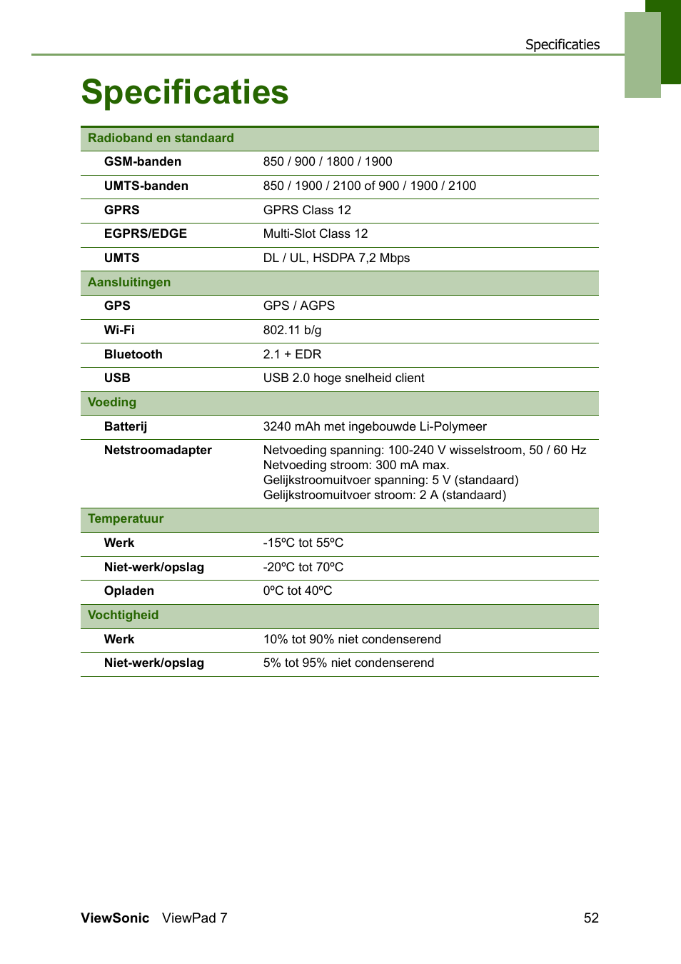 Specificaties | VIEWSONIC ViewPad 7 VS13761 User Manual | Page 63 / 69
