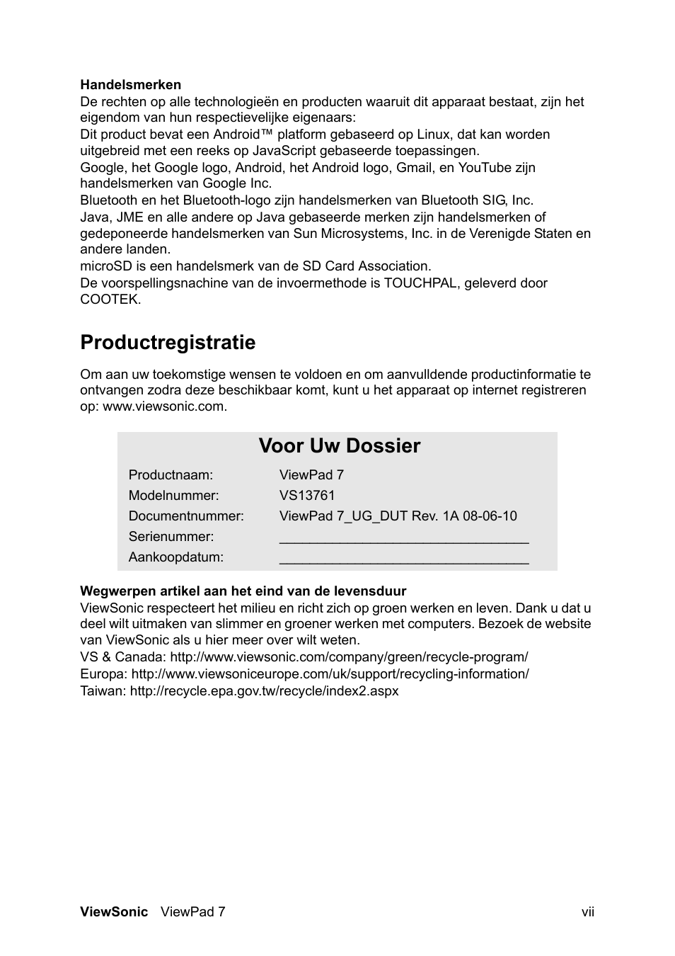 Productregistratie, Voor uw dossier | VIEWSONIC ViewPad 7 VS13761 User Manual | Page 8 / 69