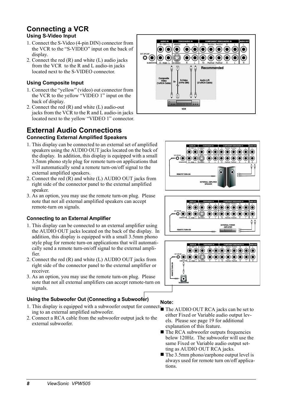 Connecting a vcr, External audio connections | VIEWSONIC VPW505 User Manual | Page 10 / 46
