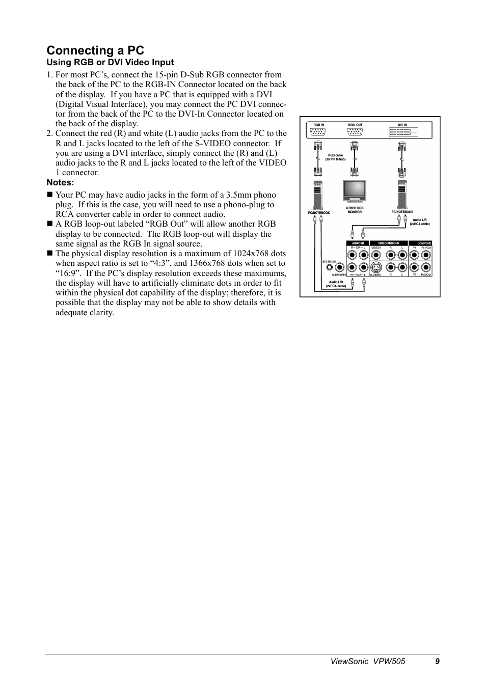 Connecting a pc | VIEWSONIC VPW505 User Manual | Page 11 / 46