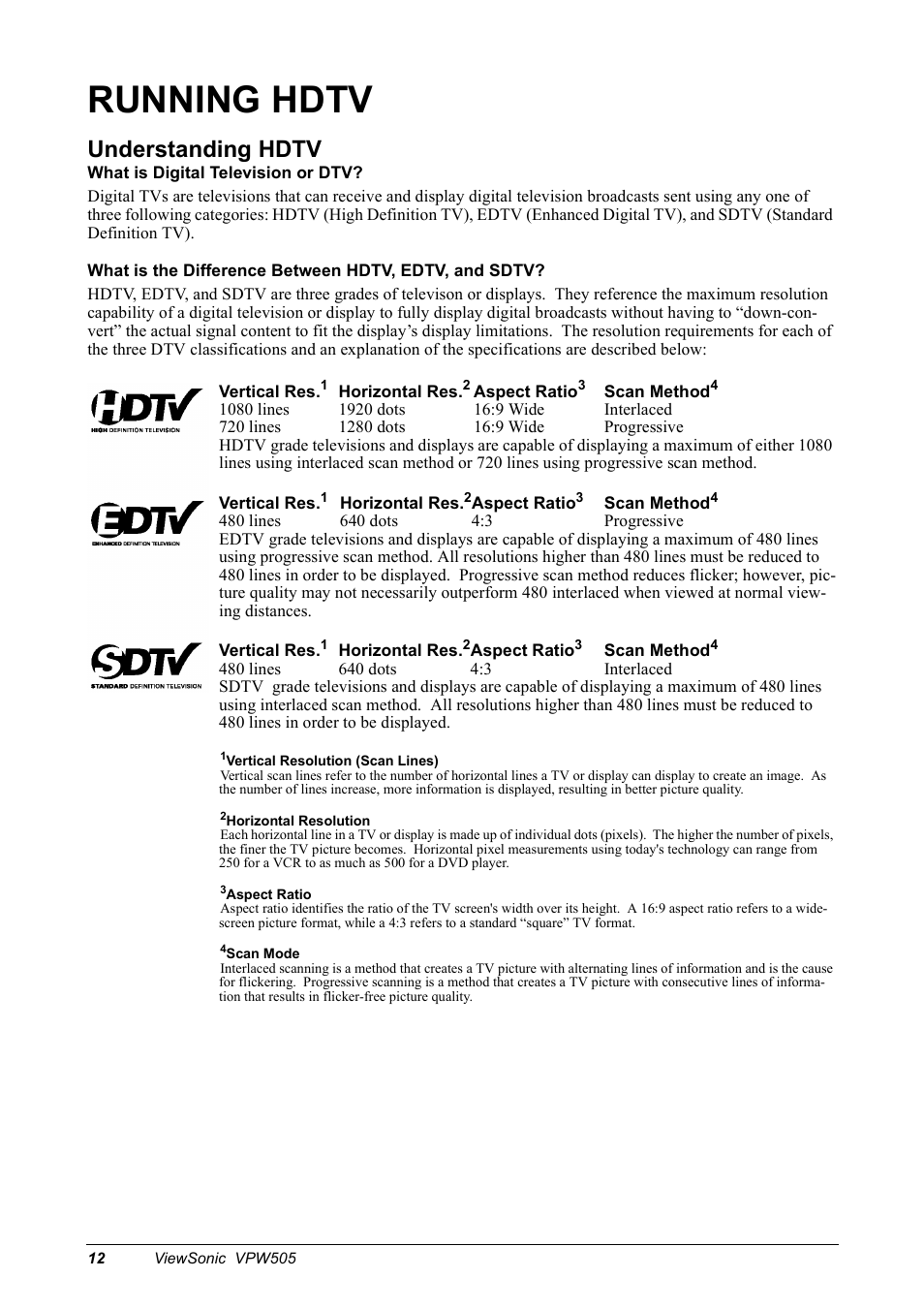 Running hdtv, Understanding hdtv | VIEWSONIC VPW505 User Manual | Page 14 / 46