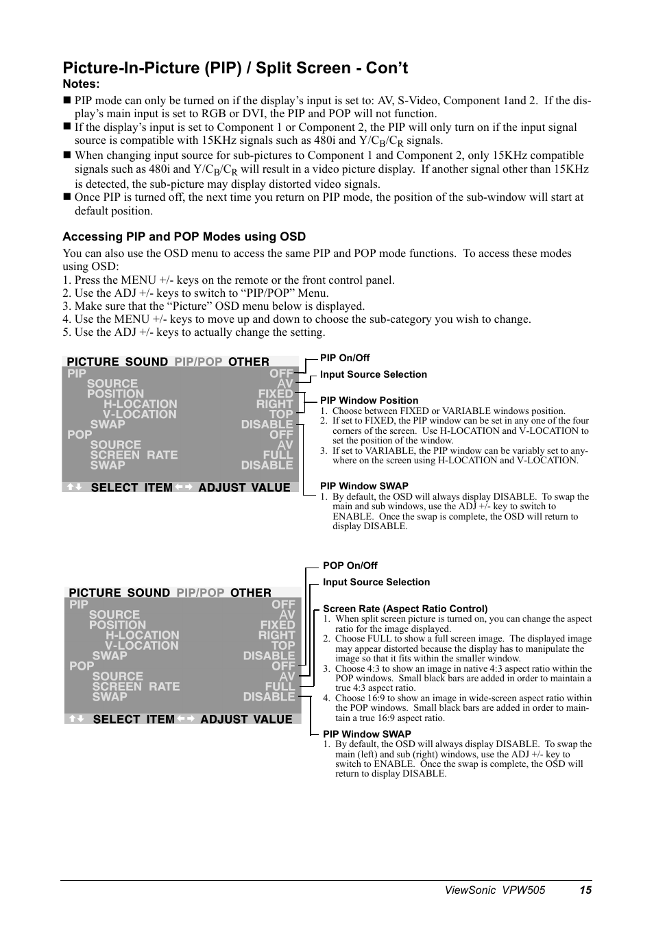 Picture-in-picture (pip) / split screen - con’t | VIEWSONIC VPW505 User Manual | Page 17 / 46