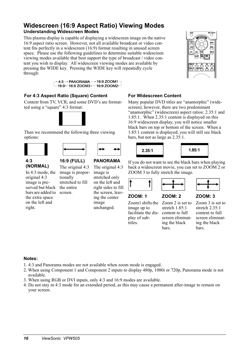 Widescreen (16:9 aspect ratio) viewing modes | VIEWSONIC VPW505 User Manual | Page 18 / 46