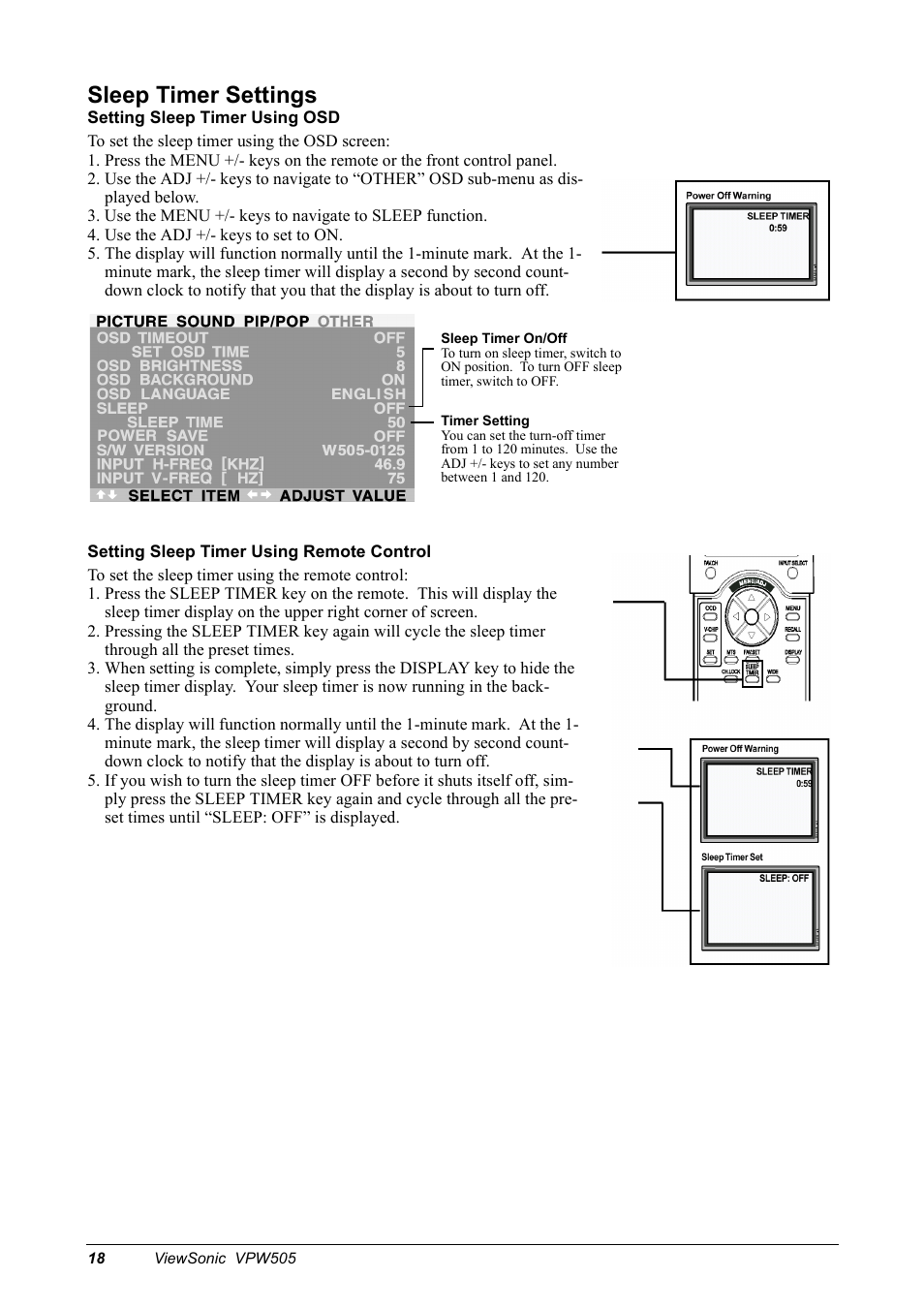 Sleep timer settings | VIEWSONIC VPW505 User Manual | Page 20 / 46