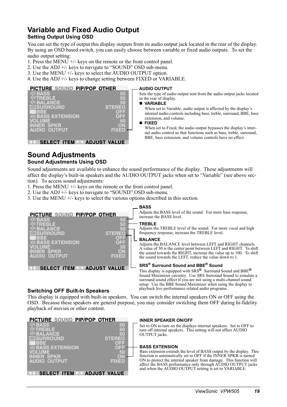 Variable and fixed audio output, Sound adjustments | VIEWSONIC VPW505 User Manual | Page 21 / 46