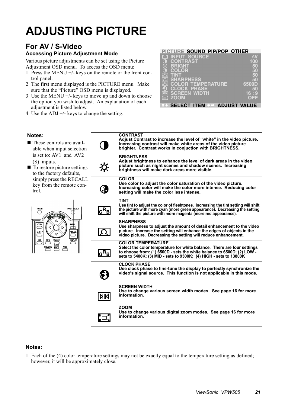 Adjusting picture, For av / s-video | VIEWSONIC VPW505 User Manual | Page 23 / 46