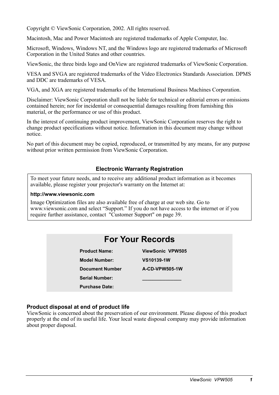 For your records | VIEWSONIC VPW505 User Manual | Page 3 / 46