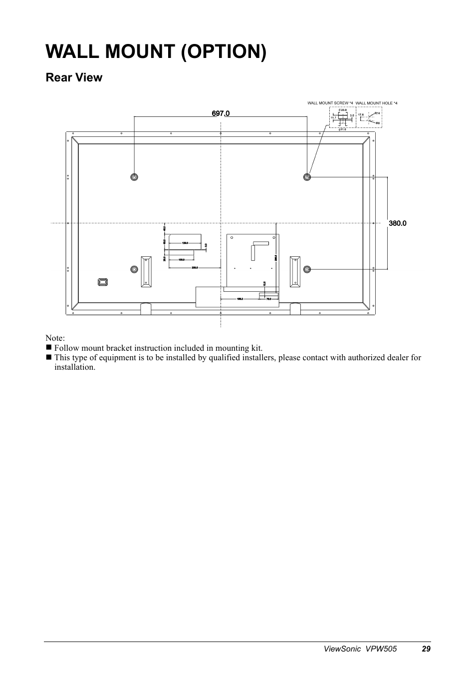 Wall mount (option), Rear view | VIEWSONIC VPW505 User Manual | Page 31 / 46