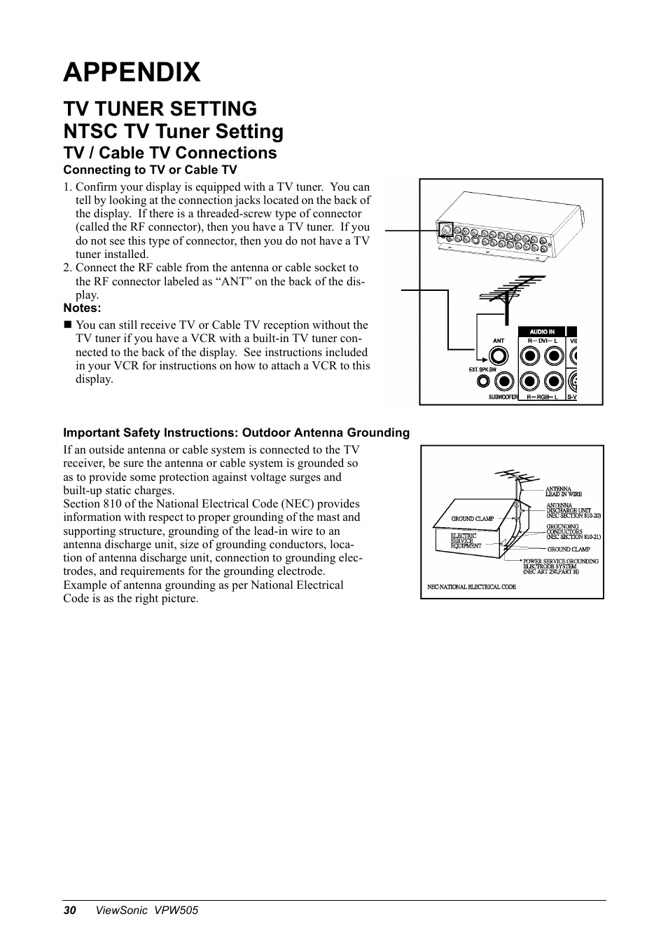 Appendix, Tv tuner setting ntsc tv tuner setting, Tv / cable tv connections | VIEWSONIC VPW505 User Manual | Page 32 / 46
