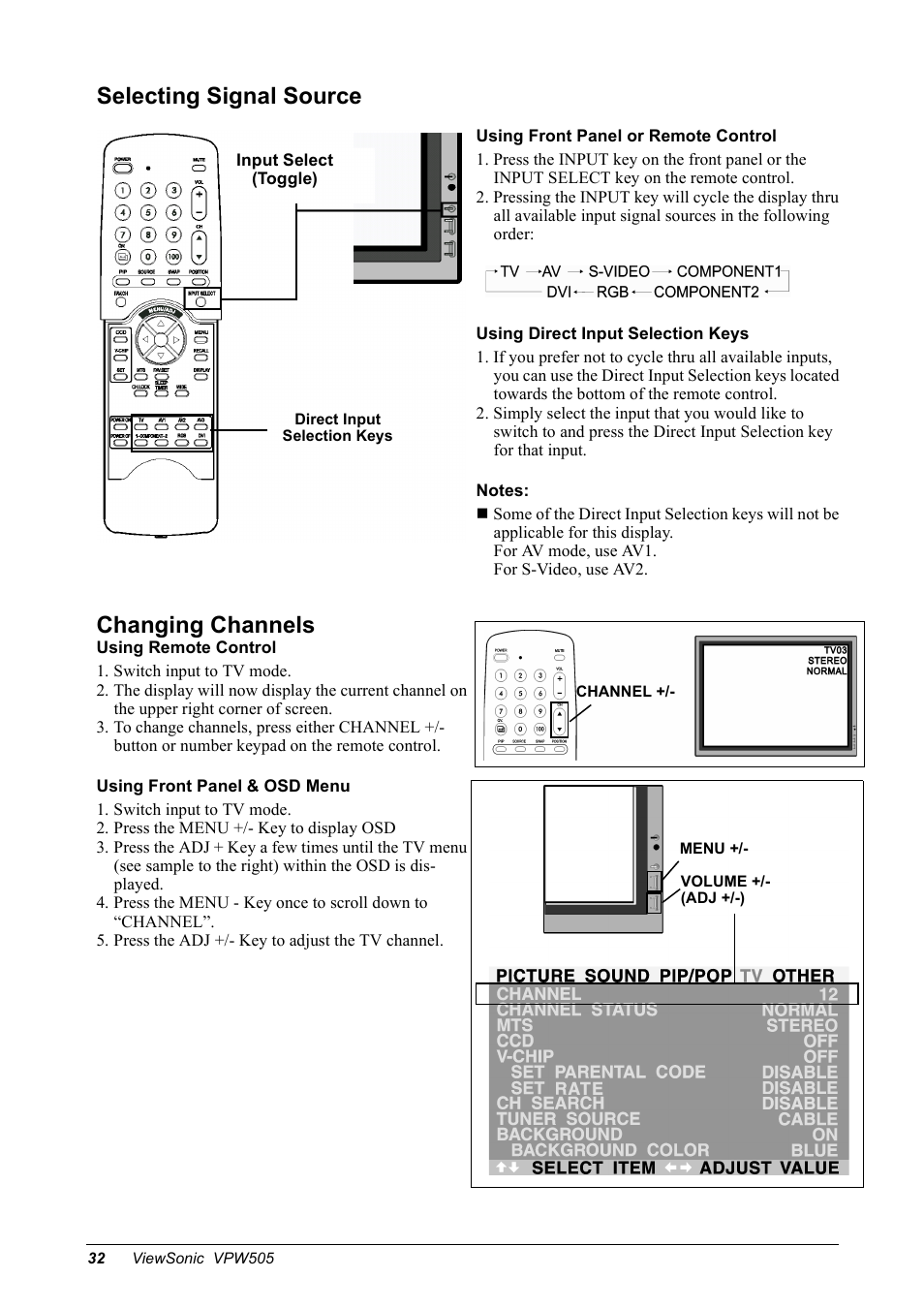 Selecting signal source, Changing channels | VIEWSONIC VPW505 User Manual | Page 34 / 46