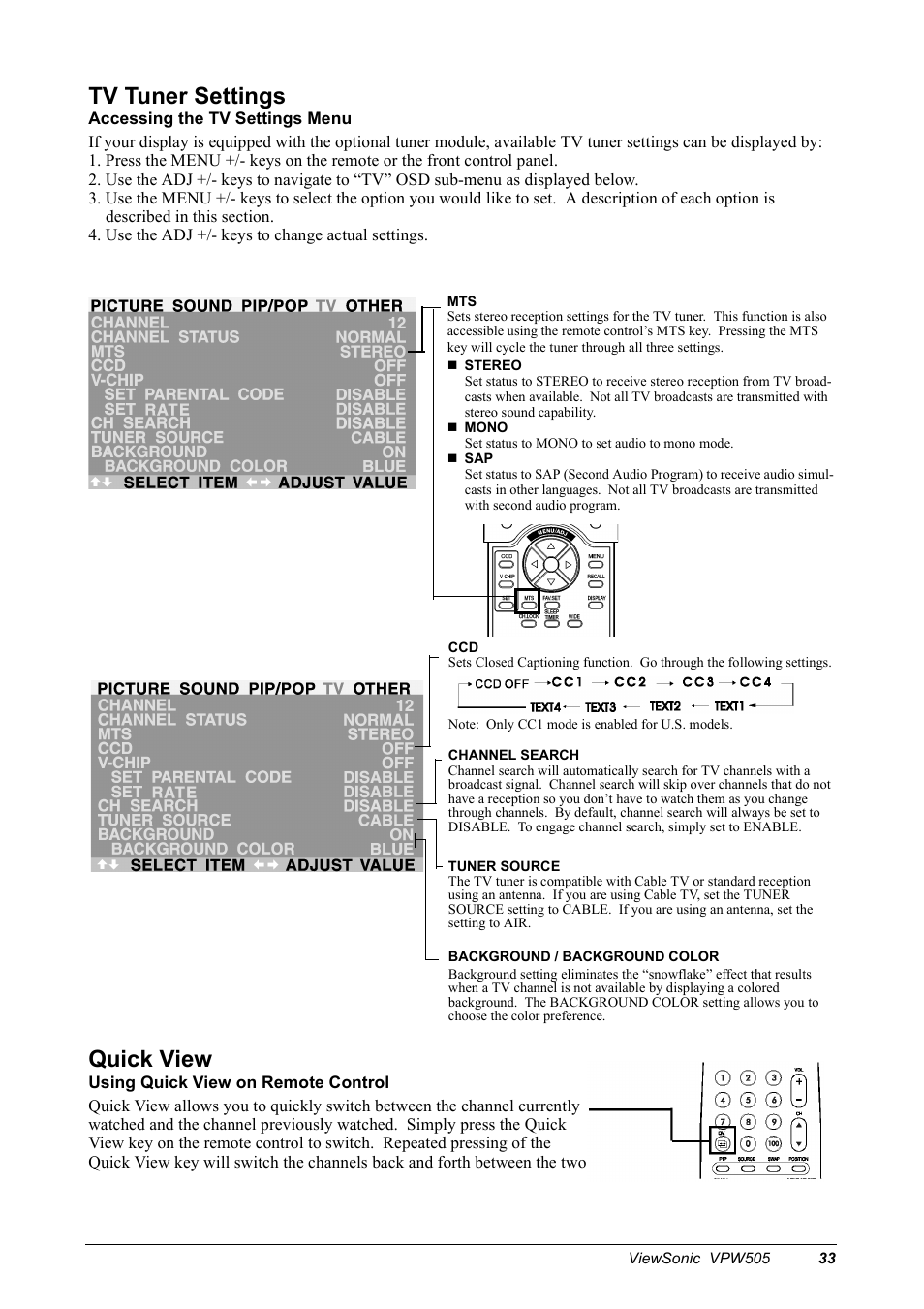 Tv tuner settings, Quick view | VIEWSONIC VPW505 User Manual | Page 35 / 46