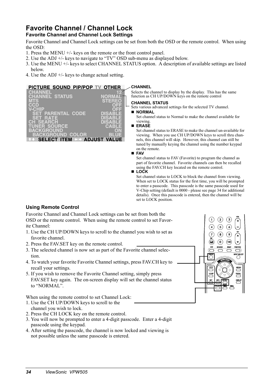 Favorite channel / channel lock | VIEWSONIC VPW505 User Manual | Page 36 / 46