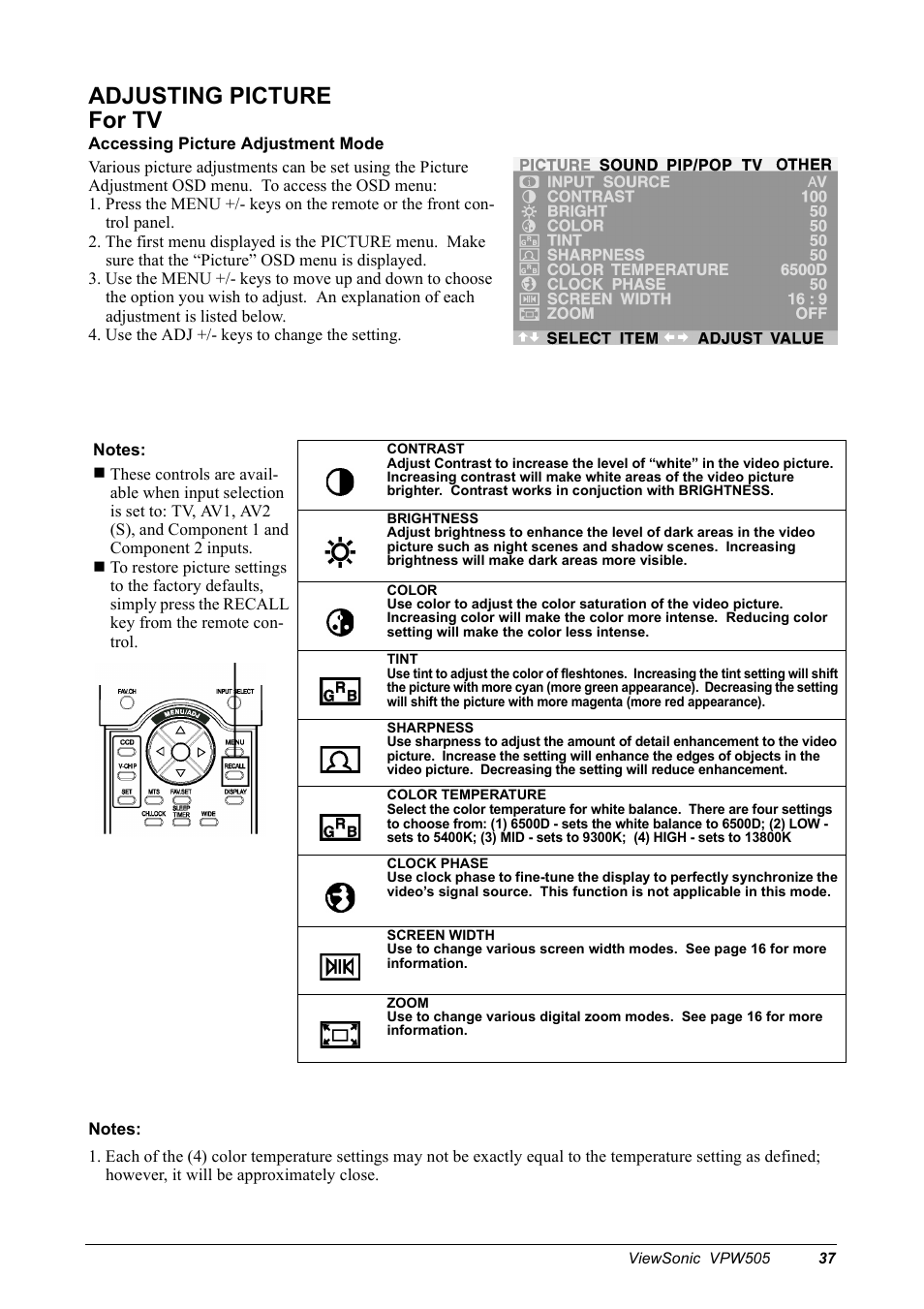 Adjusting picture for tv | VIEWSONIC VPW505 User Manual | Page 39 / 46
