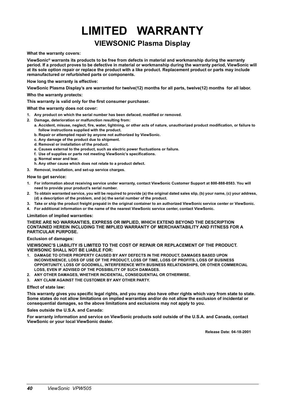 Limited warranty, Viewsonic plasma display | VIEWSONIC VPW505 User Manual | Page 42 / 46