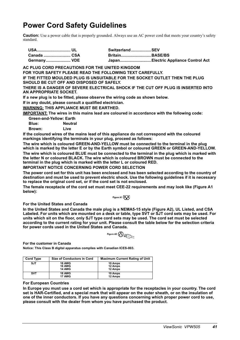 Power cord safety guidelines | VIEWSONIC VPW505 User Manual | Page 43 / 46