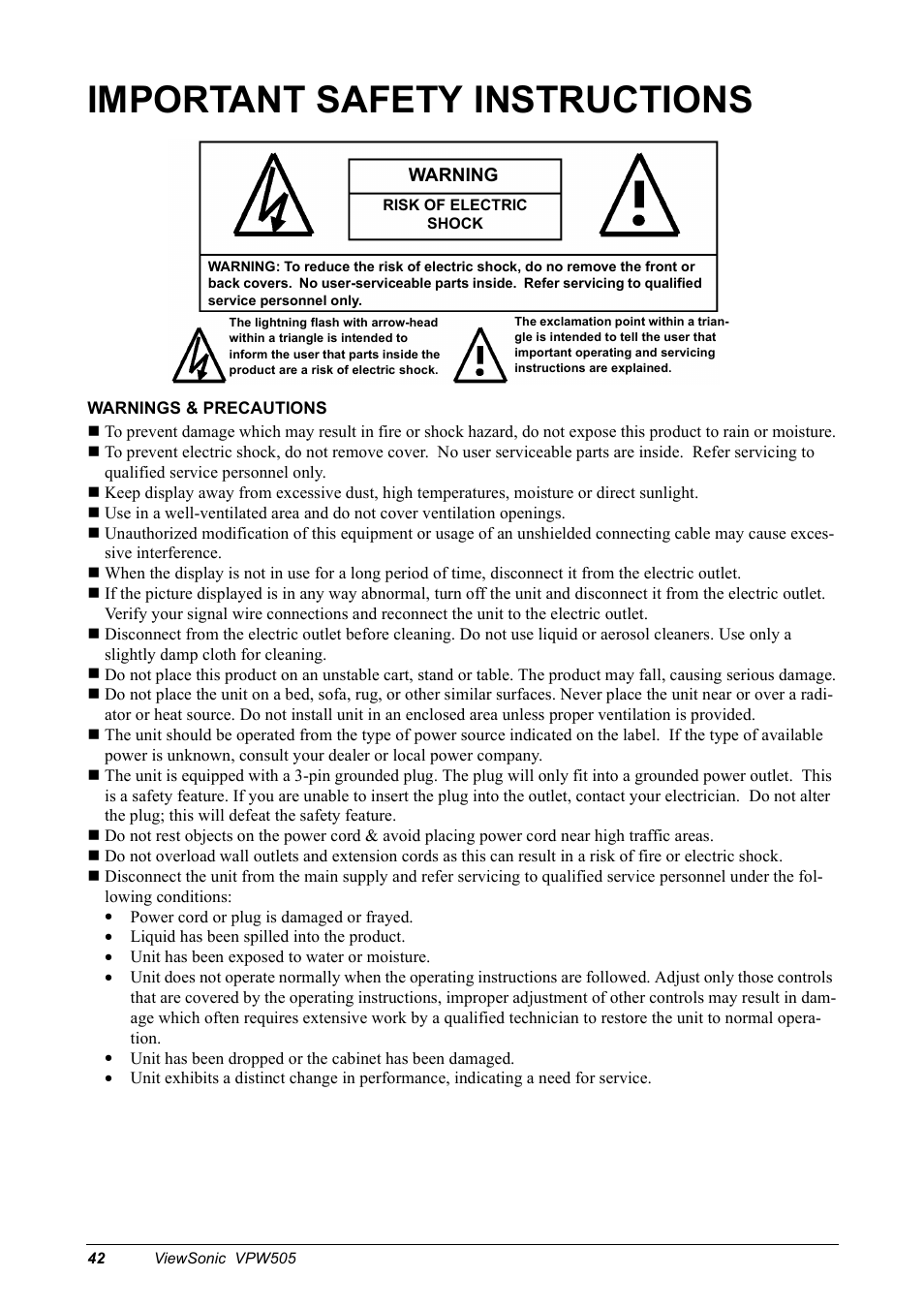 Important safety instructions | VIEWSONIC VPW505 User Manual | Page 44 / 46