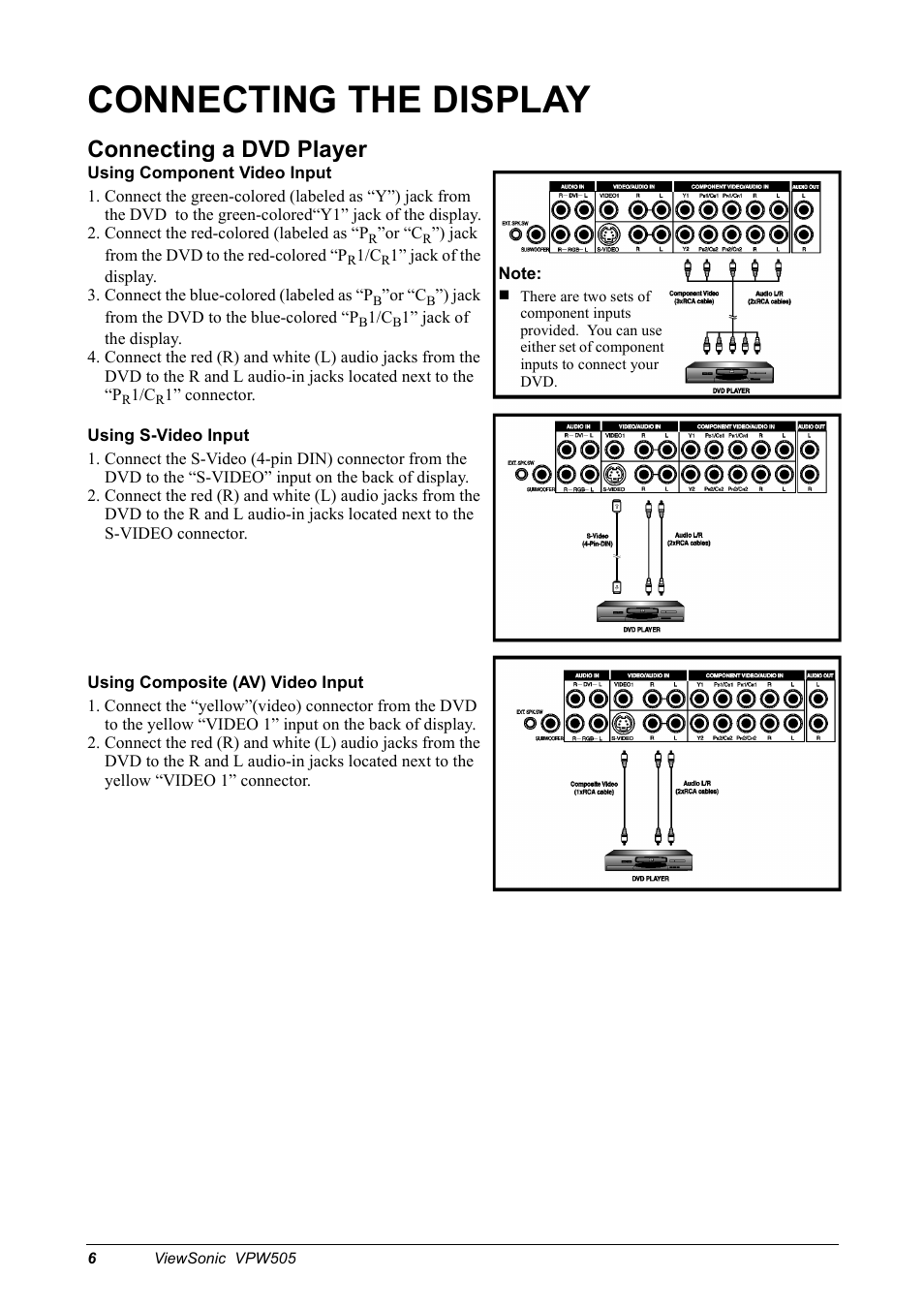 Connecting the display, Connecting a dvd player | VIEWSONIC VPW505 User Manual | Page 8 / 46