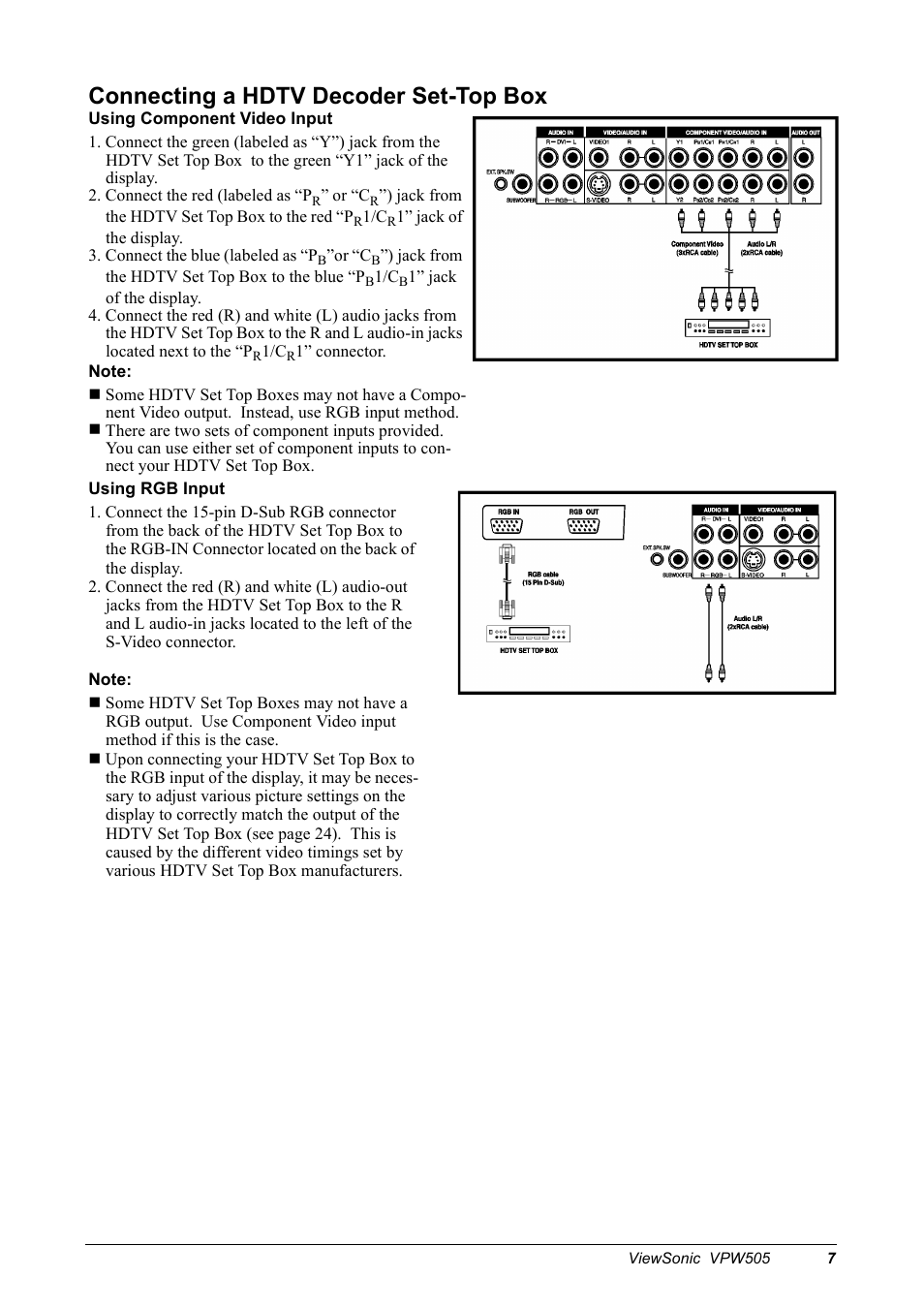 Connecting a hdtv decoder set-top box | VIEWSONIC VPW505 User Manual | Page 9 / 46