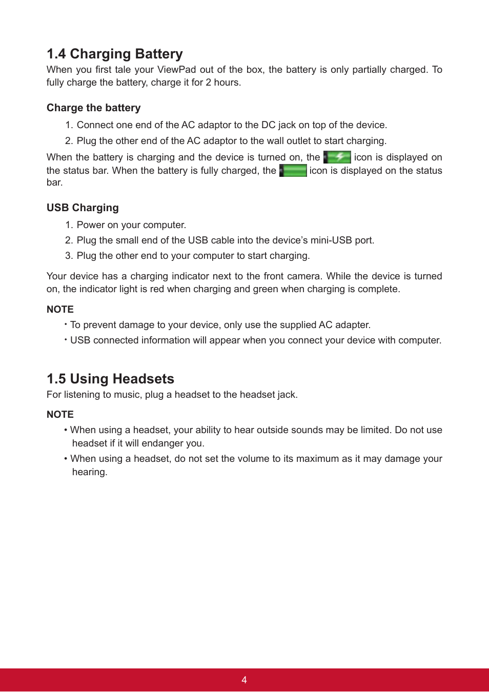 4 charging battery, 5 using headsets | VIEWSONIC ViewPad 7e VS14359 User Manual | Page 16 / 44