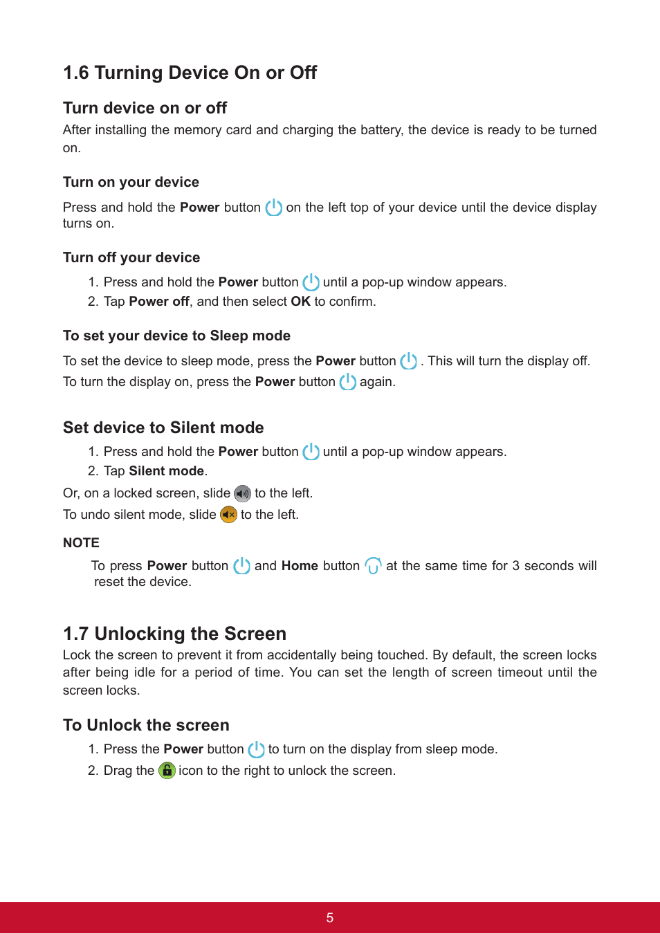 6 turning device on or off, 7 unlocking the screen, Turn device on or off | Set device to silent mode | VIEWSONIC ViewPad 7e VS14359 User Manual | Page 17 / 44