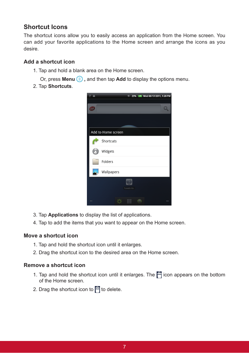 Shortcut icons | VIEWSONIC ViewPad 7e VS14359 User Manual | Page 19 / 44