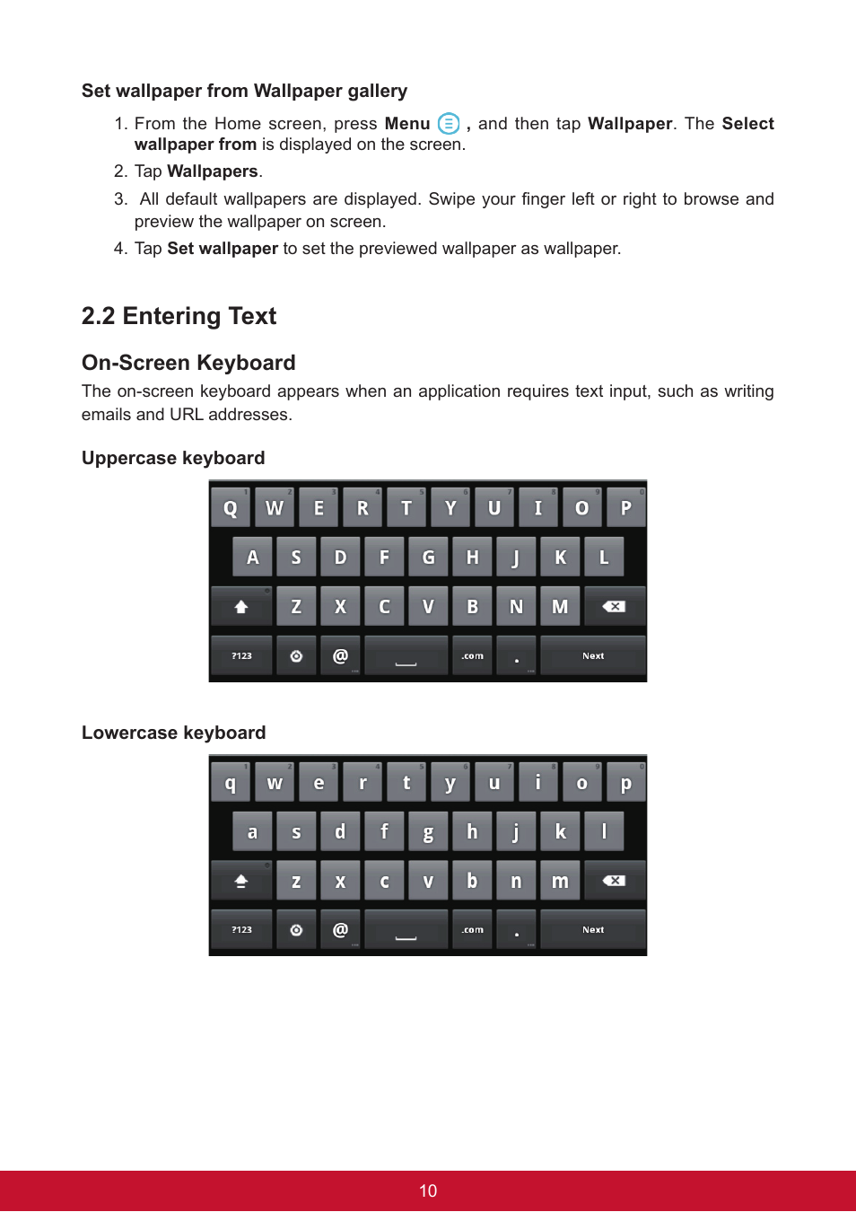 2 entering text, On-screen keyboard | VIEWSONIC ViewPad 7e VS14359 User Manual | Page 22 / 44
