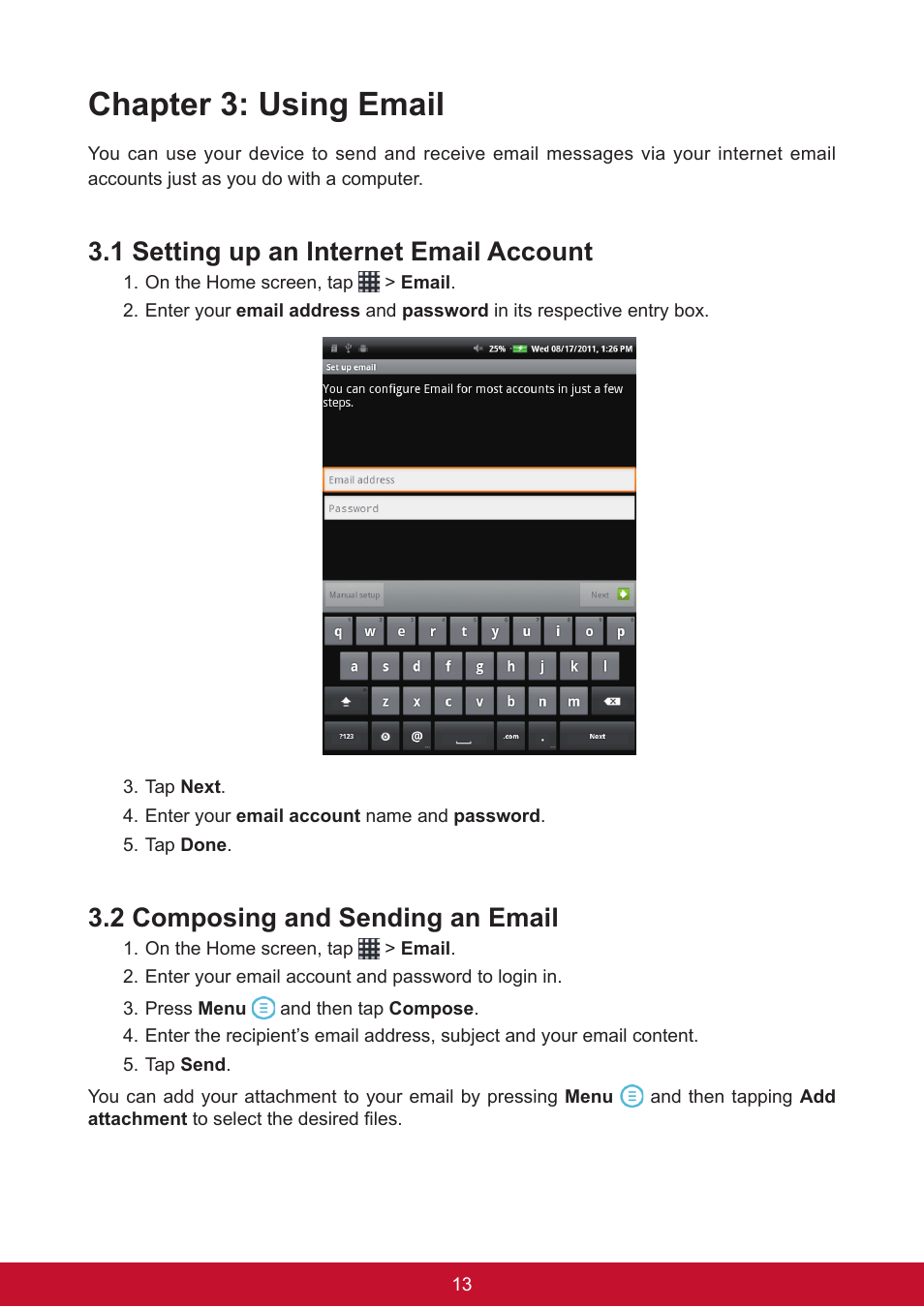 Chapter 3: using email, 1 setting up an internet email account, 2 composing and sending an email | VIEWSONIC ViewPad 7e VS14359 User Manual | Page 25 / 44