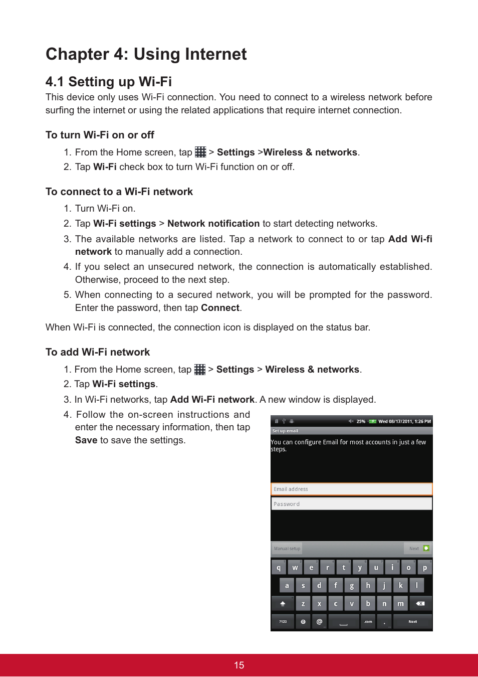 Chapter 4: using internet, 1 setting up wi-fi | VIEWSONIC ViewPad 7e VS14359 User Manual | Page 27 / 44