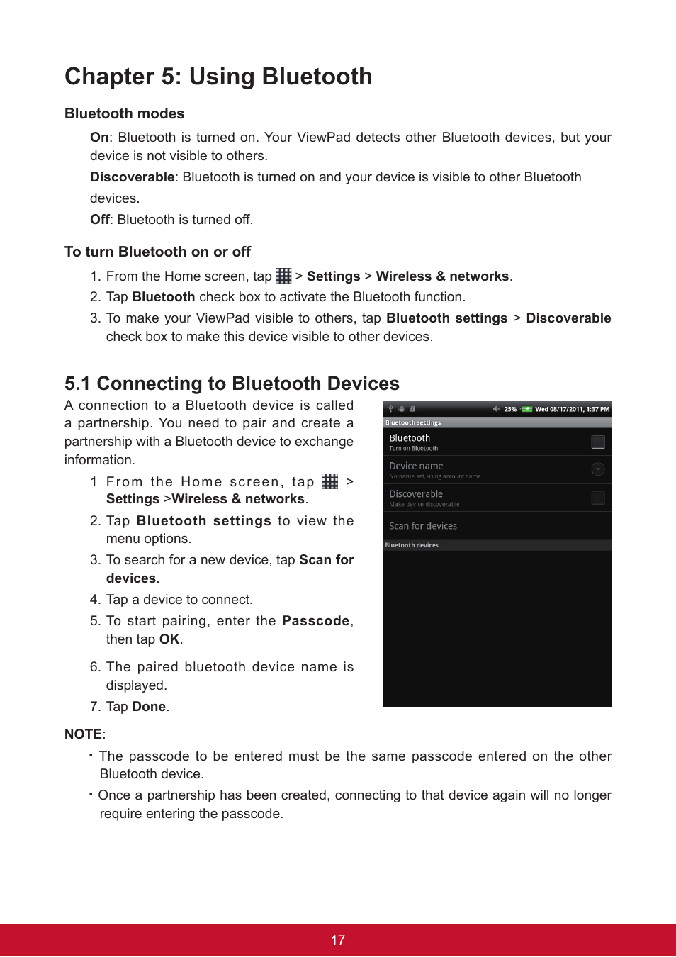 Chapter 5: using bluetooth, 1 connecting to bluetooth devices | VIEWSONIC ViewPad 7e VS14359 User Manual | Page 29 / 44