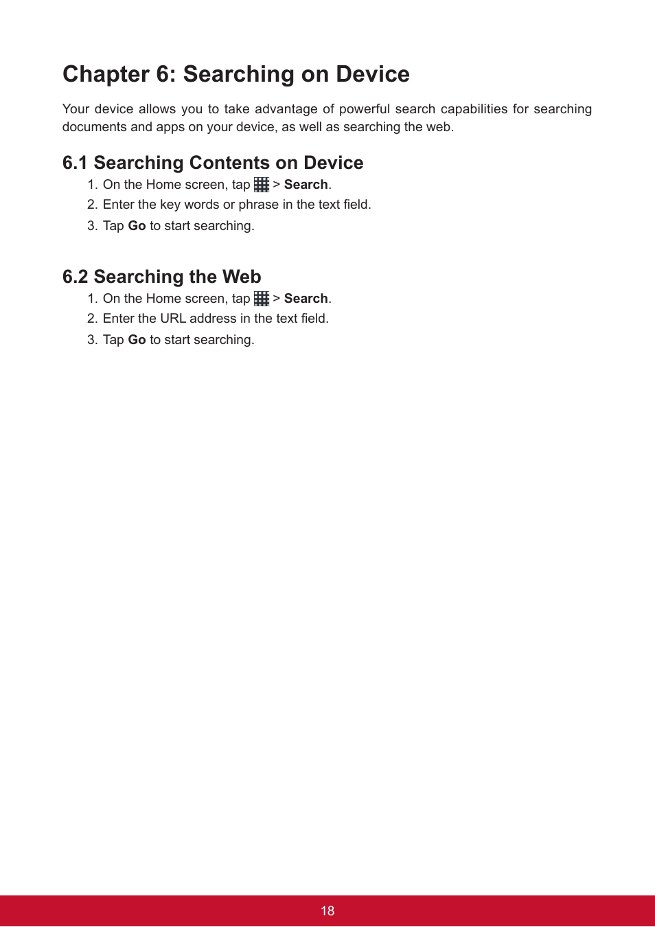 Chapter 6: searching on device, 1 searching contents on device, 2 searching the web | VIEWSONIC ViewPad 7e VS14359 User Manual | Page 30 / 44