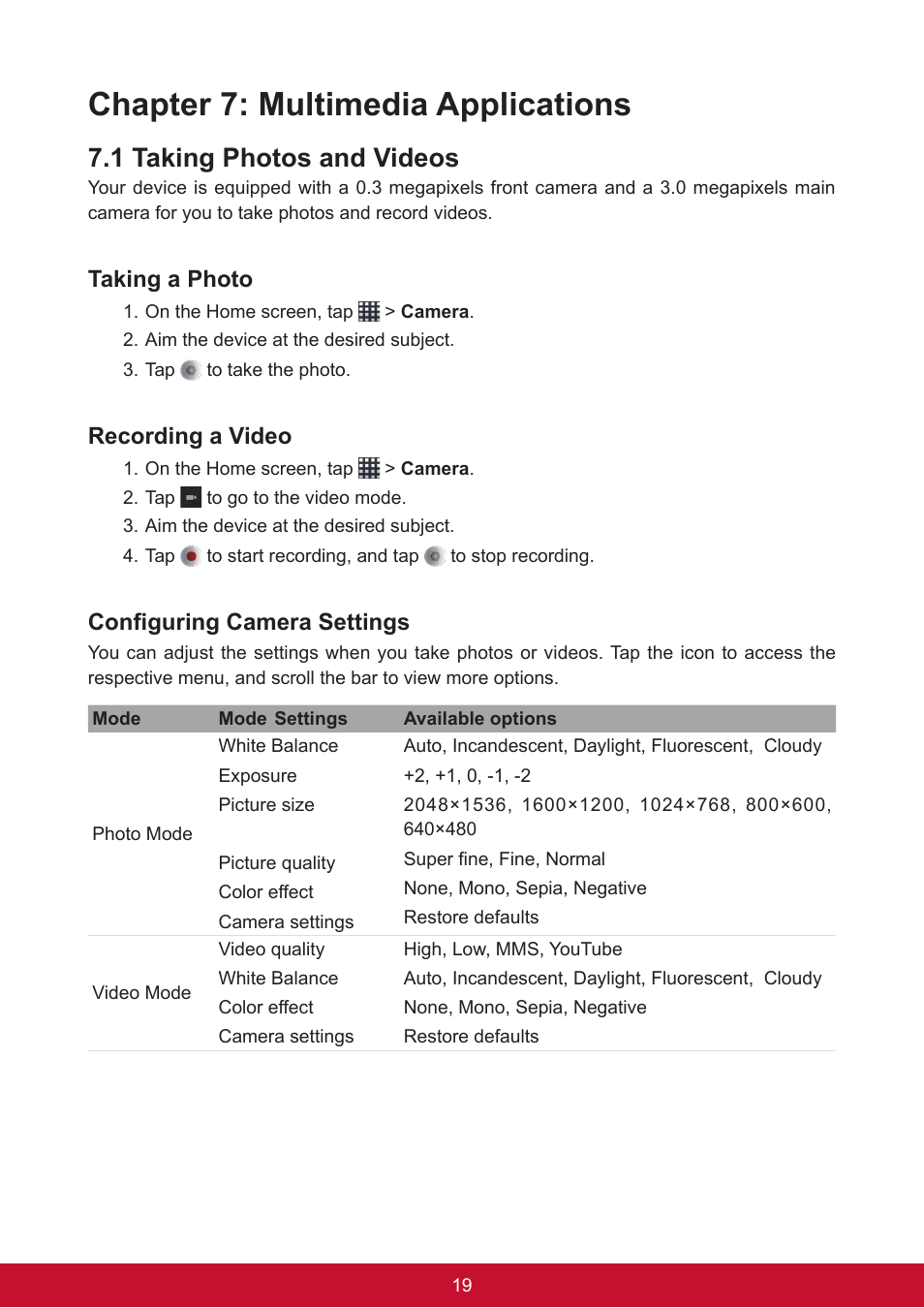 Chapter 7: multimedia applications, 1 taking photos and videos, Taking a photo | Recording a video, Configuring camera settings | VIEWSONIC ViewPad 7e VS14359 User Manual | Page 31 / 44