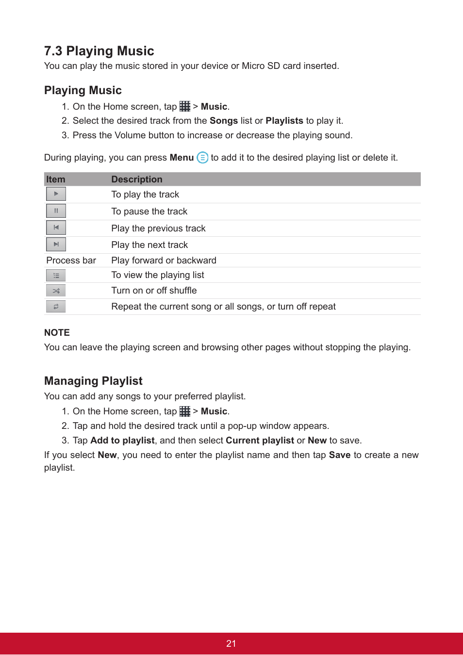3 playing music, Playing music, Managing playlist | VIEWSONIC ViewPad 7e VS14359 User Manual | Page 33 / 44
