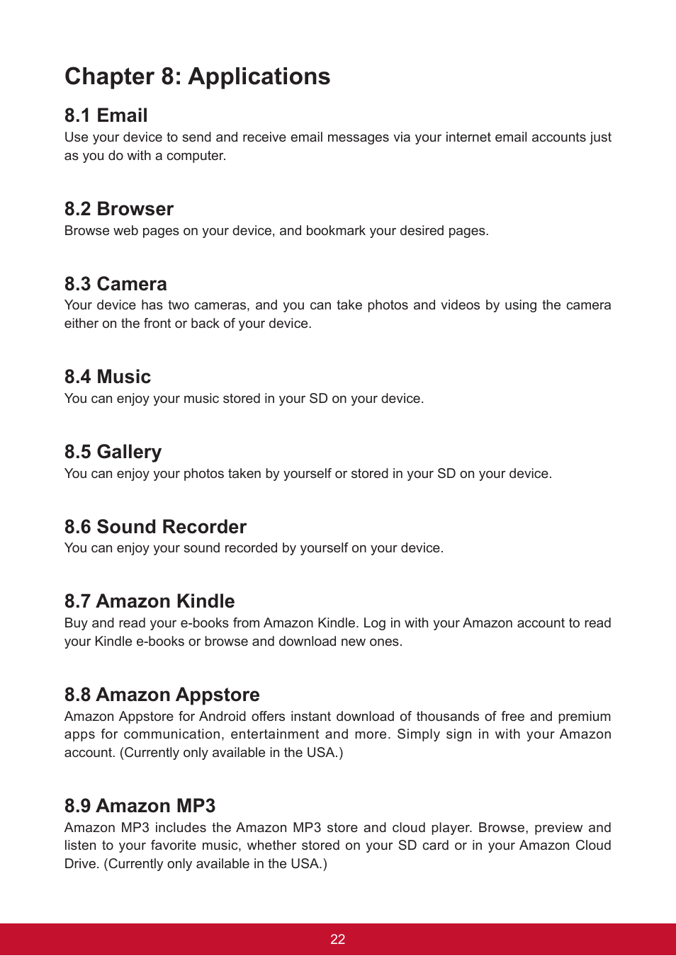 Chapter 8: applications, 1 email, 2 browser | 3 camera, 4 music, 5 gallery, 6 sound recorder, 7 amazon kindle, 8 amazon appstore, 9 amazon mp3 | VIEWSONIC ViewPad 7e VS14359 User Manual | Page 34 / 44