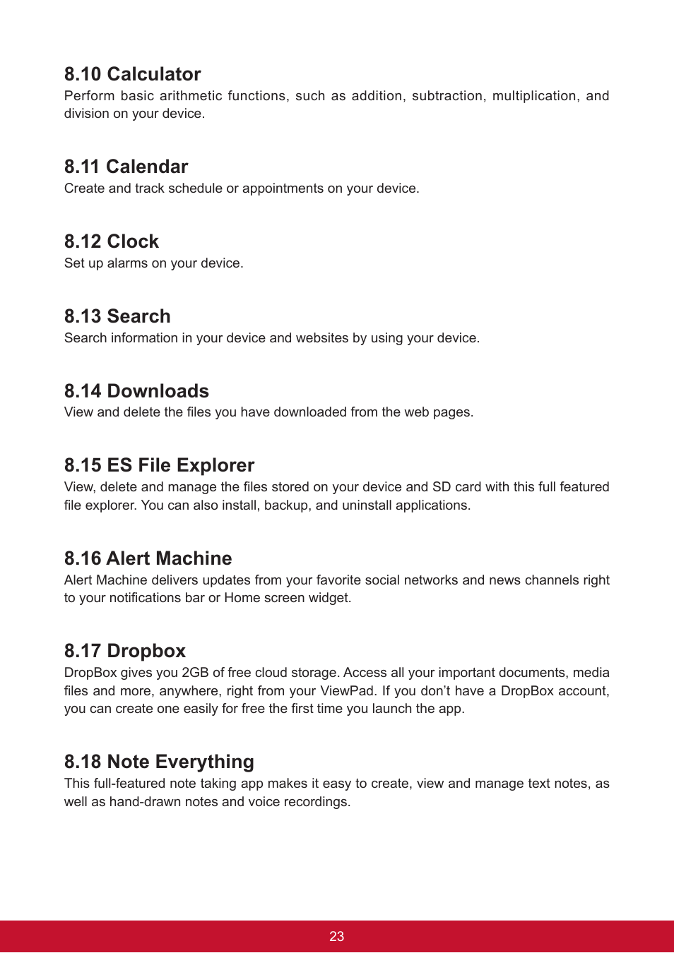 10 calculator, 11 calendar, 12 clock | 13 search, 14 downloads, 15 es file explorer, 16 alert machine, 17 dropbox | VIEWSONIC ViewPad 7e VS14359 User Manual | Page 35 / 44
