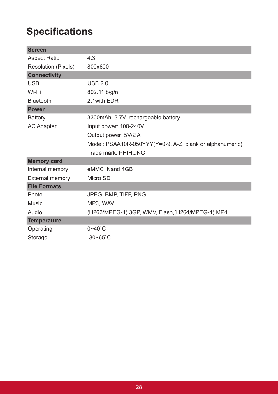 Specifications | VIEWSONIC ViewPad 7e VS14359 User Manual | Page 40 / 44