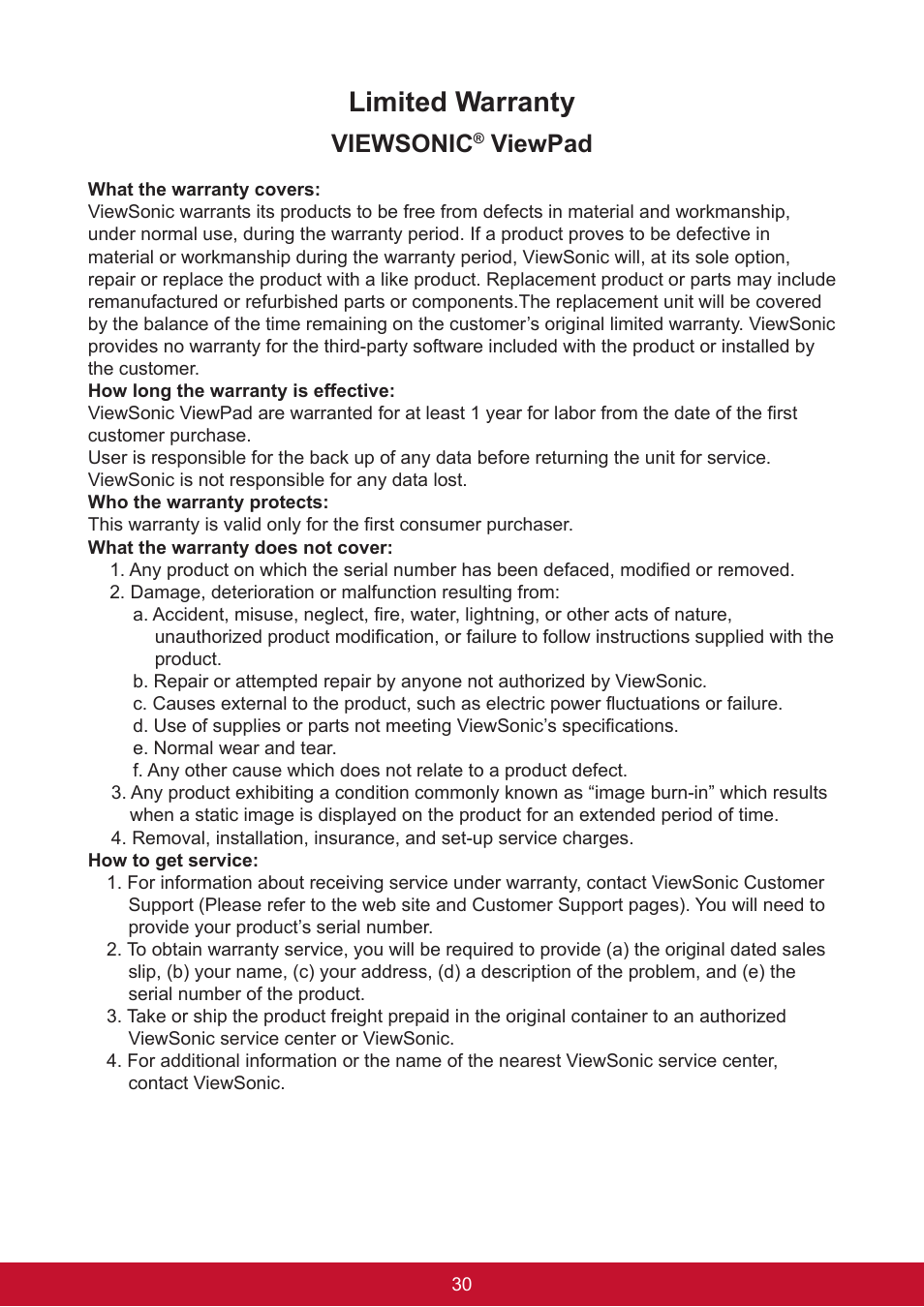 Limited warranty, Viewsonic, Viewpad | VIEWSONIC ViewPad 7e VS14359 User Manual | Page 42 / 44