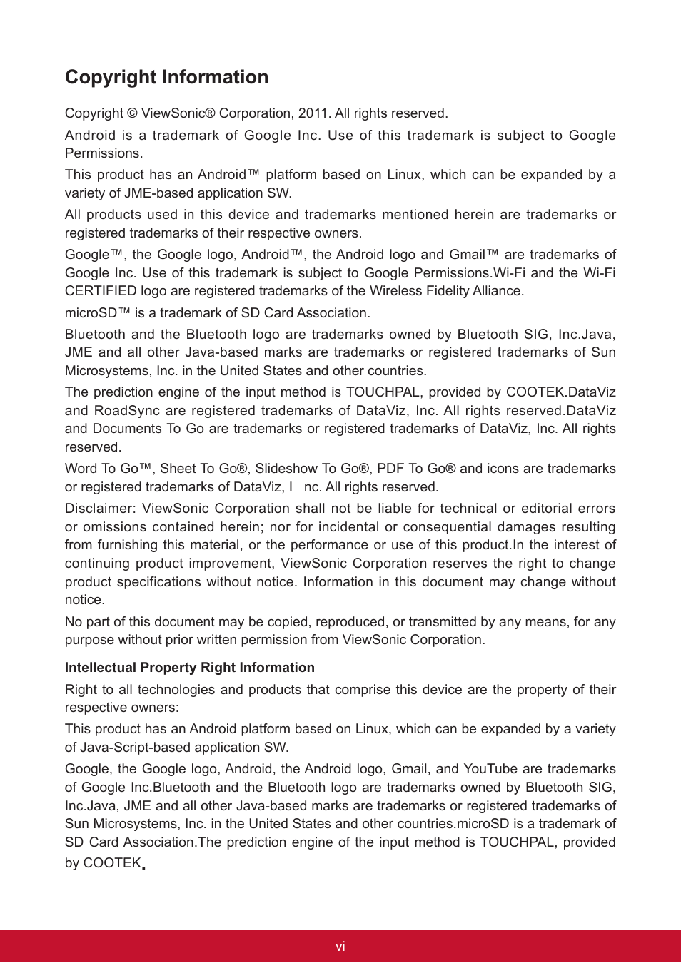 Copyright information | VIEWSONIC ViewPad 7e VS14359 User Manual | Page 7 / 44