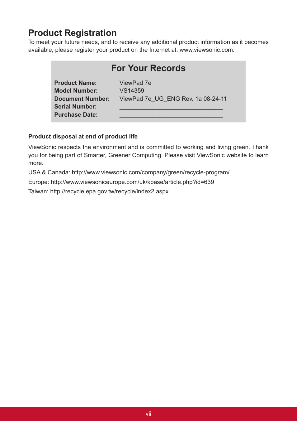 Product registration, For your records | VIEWSONIC ViewPad 7e VS14359 User Manual | Page 8 / 44