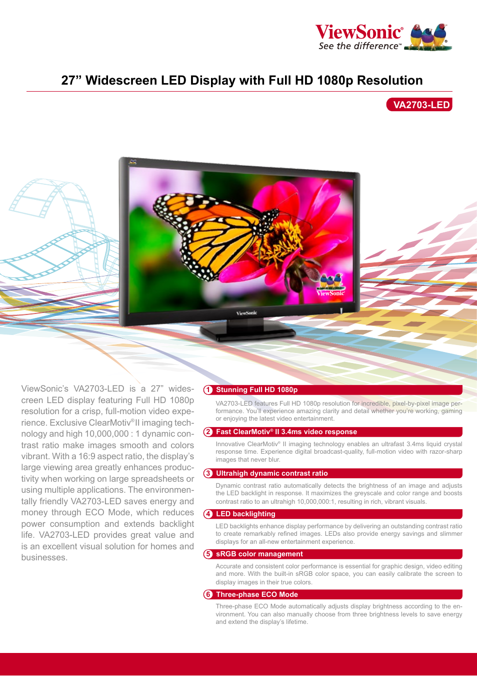 VIEWSONIC 27" Widescreen LED Display with Full HD 1080p Resolution VA2703-LED User Manual | 2 pages