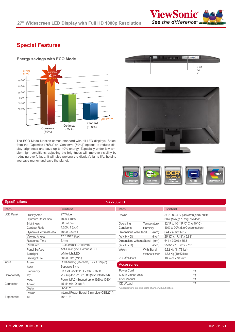 Special features, Energy savings with eco mode | VIEWSONIC 27" Widescreen LED Display with Full HD 1080p Resolution VA2703-LED User Manual | Page 2 / 2