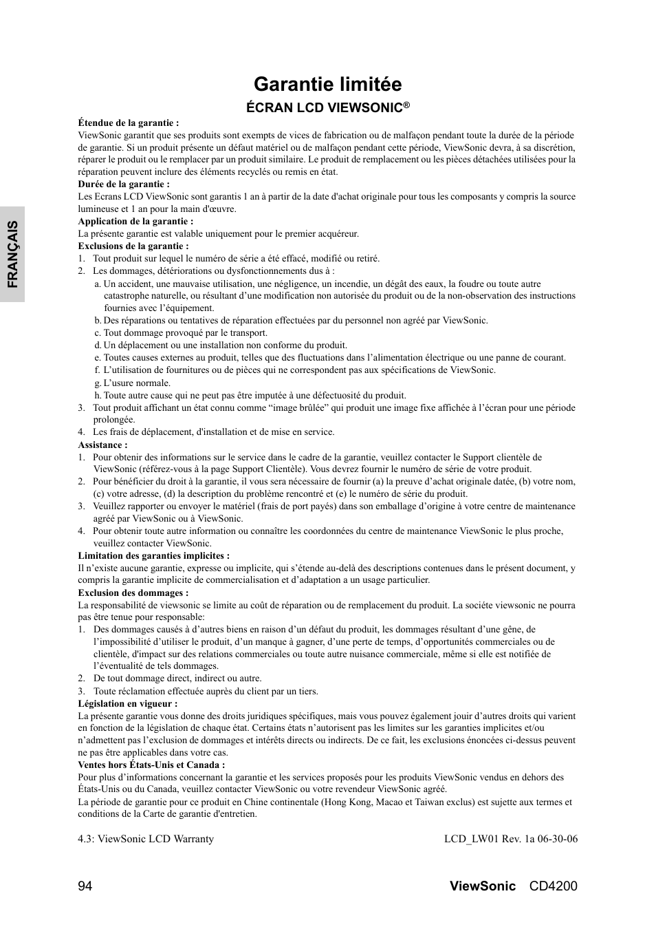 Garantie limitée, Écran lcd viewsonic | VIEWSONIC VS11778 User Manual | Page 101 / 149