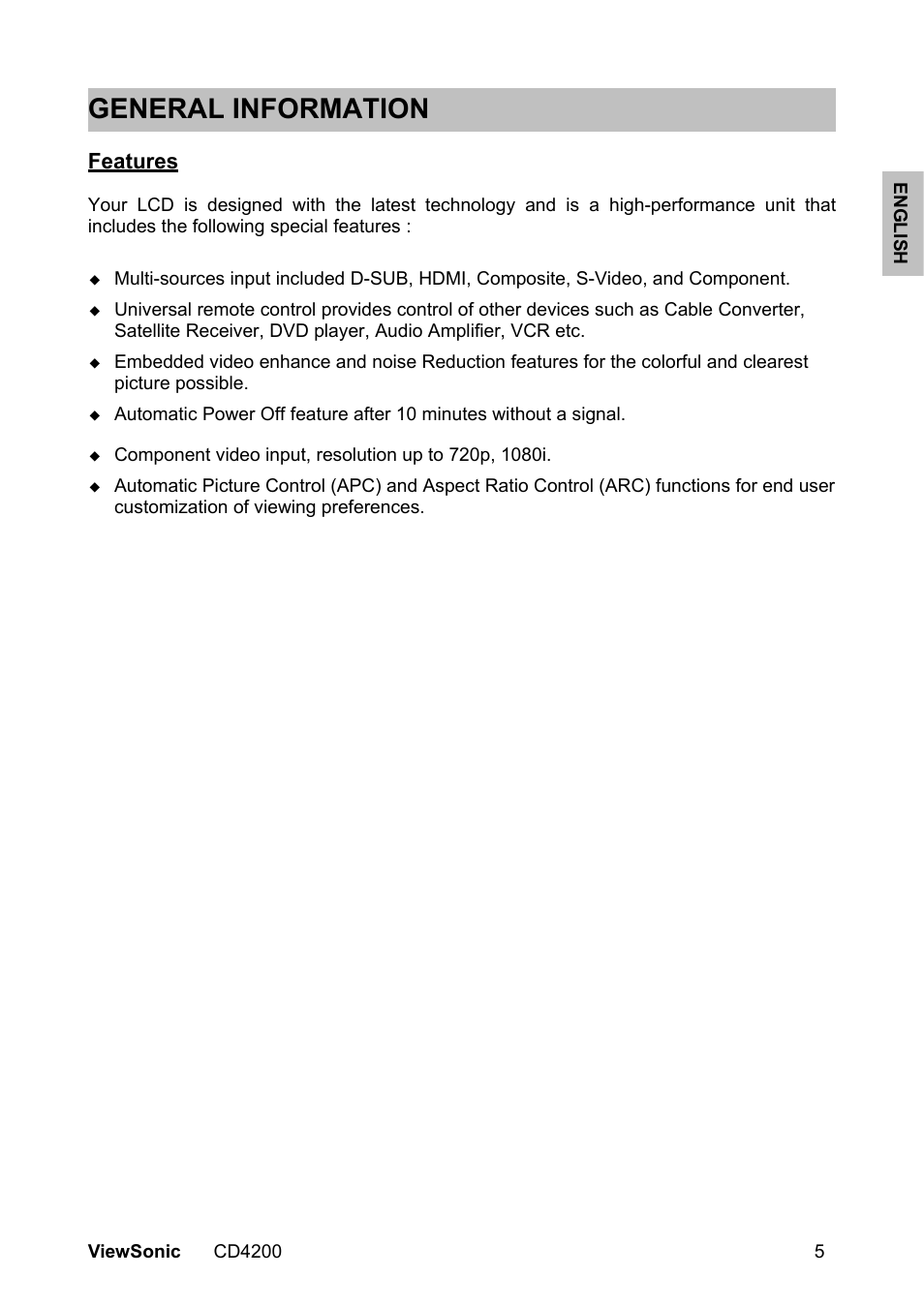 General information, Features | VIEWSONIC VS11778 User Manual | Page 12 / 149