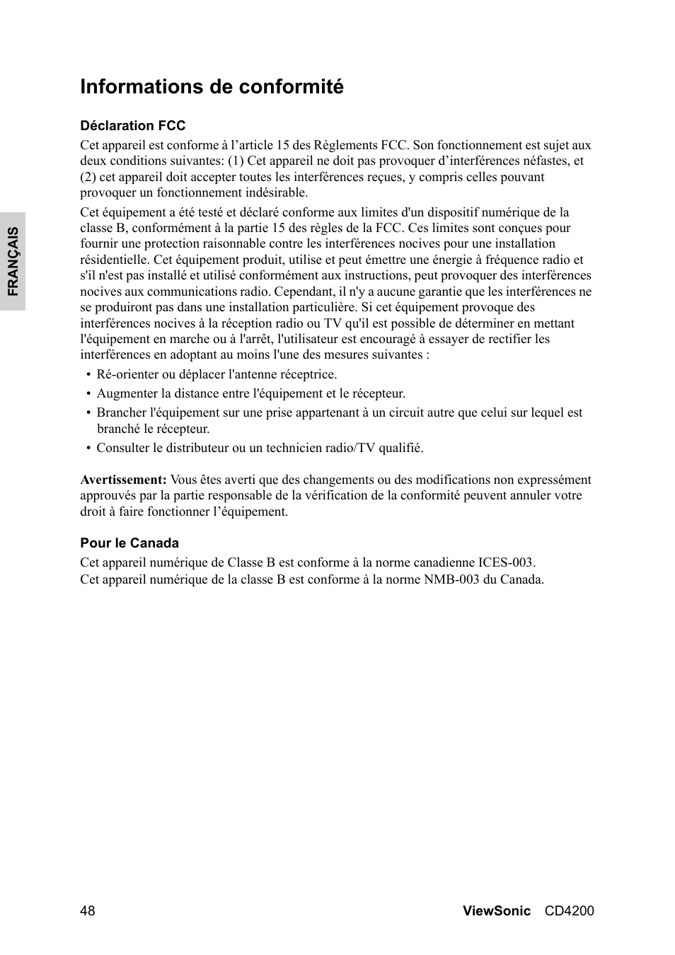 Informations de conformité | VIEWSONIC VS11778 User Manual | Page 55 / 149