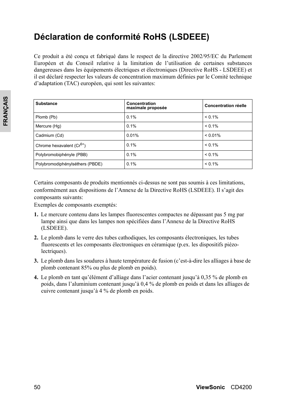 Déclaration de conformité rohs (lsdeee) | VIEWSONIC VS11778 User Manual | Page 57 / 149