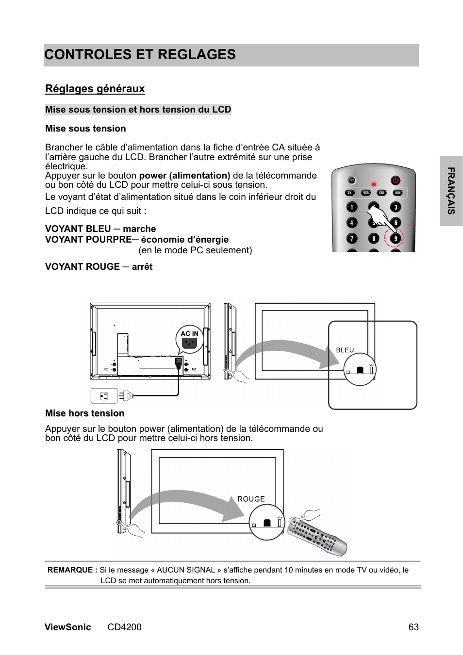 Controles et reglages | VIEWSONIC VS11778 User Manual | Page 70 / 149