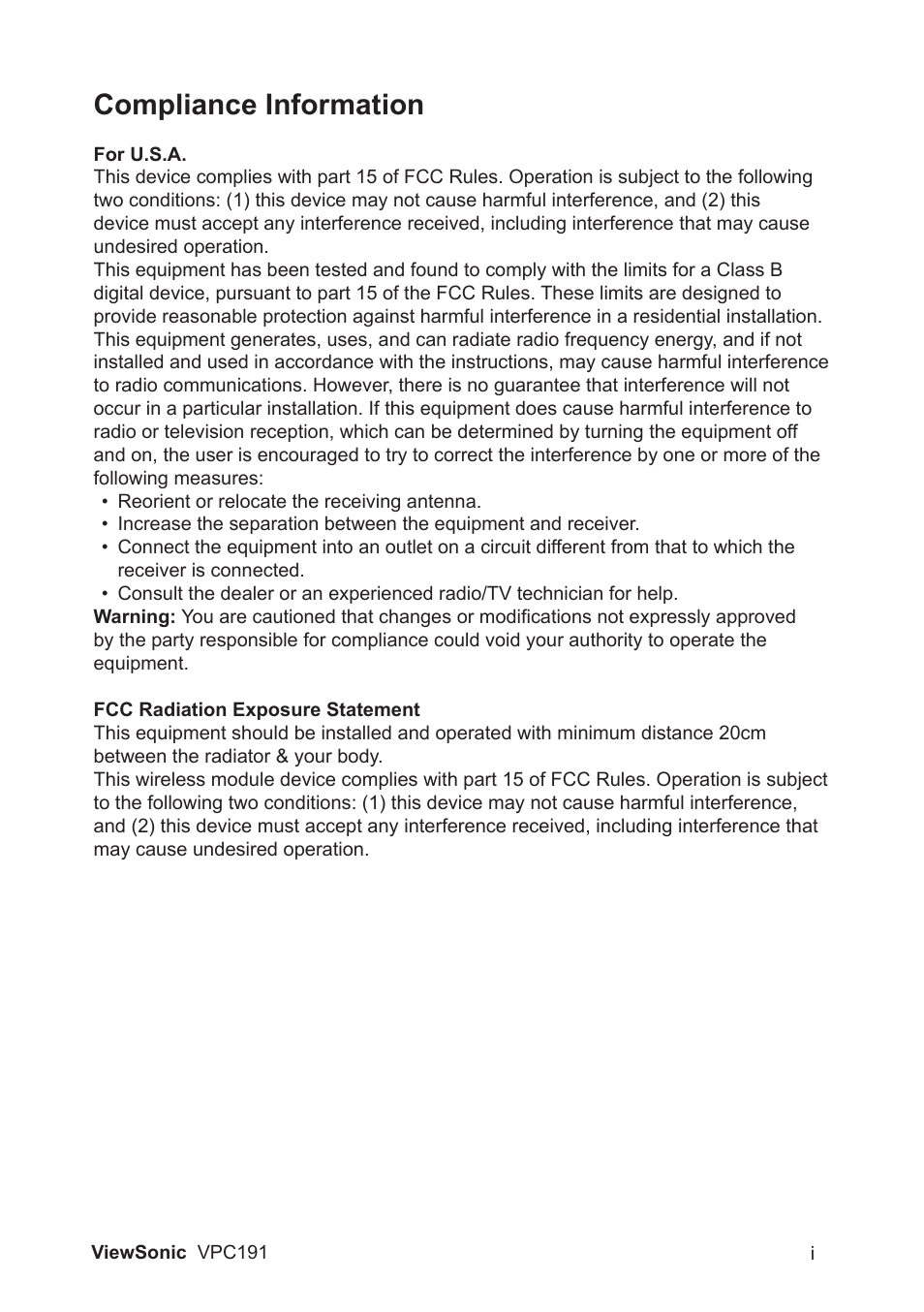 Compliance information | VIEWSONIC VPC191 VS13727 User Manual | Page 2 / 19