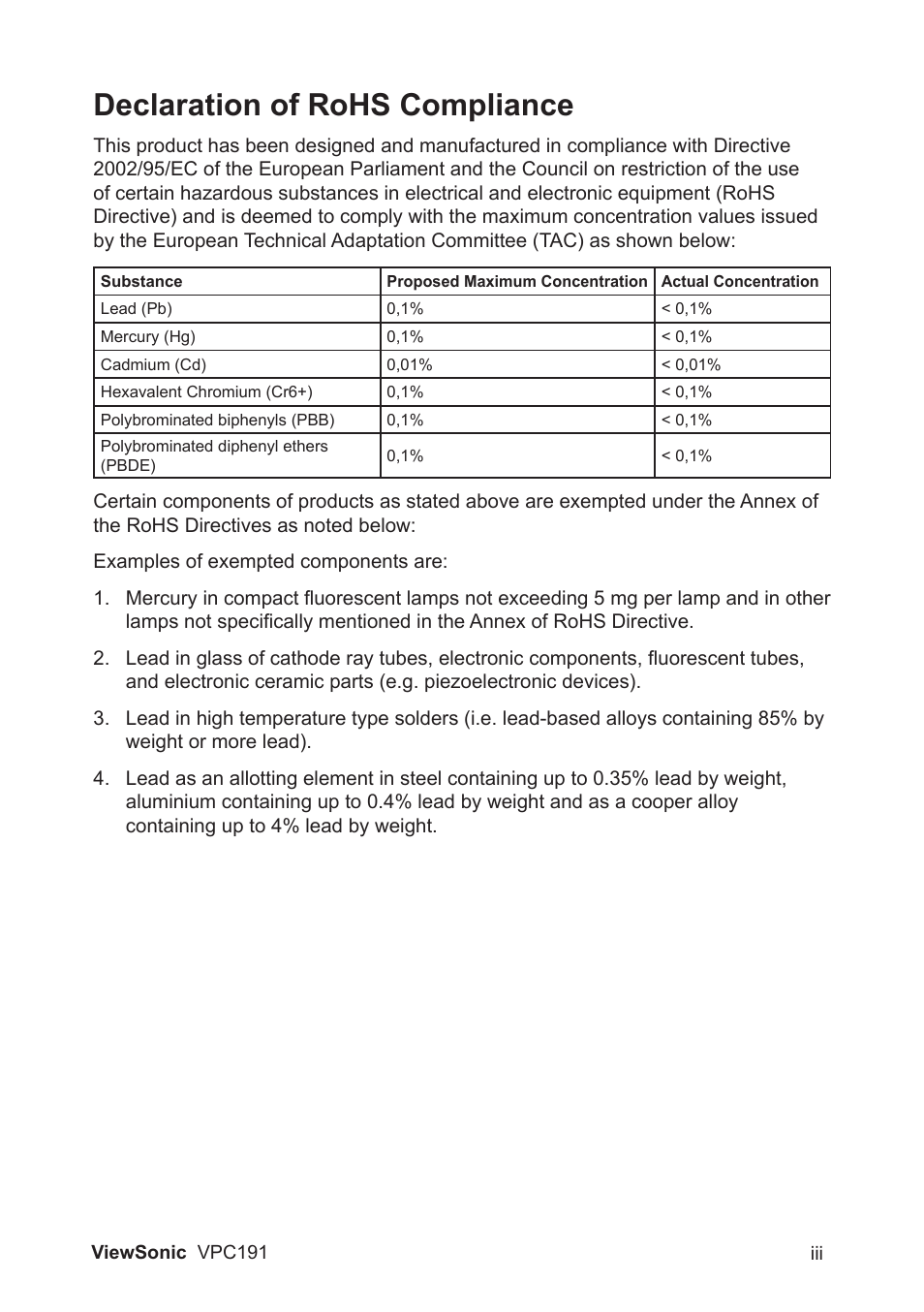 Declaration of rohs compliance | VIEWSONIC VPC191 VS13727 User Manual | Page 4 / 19