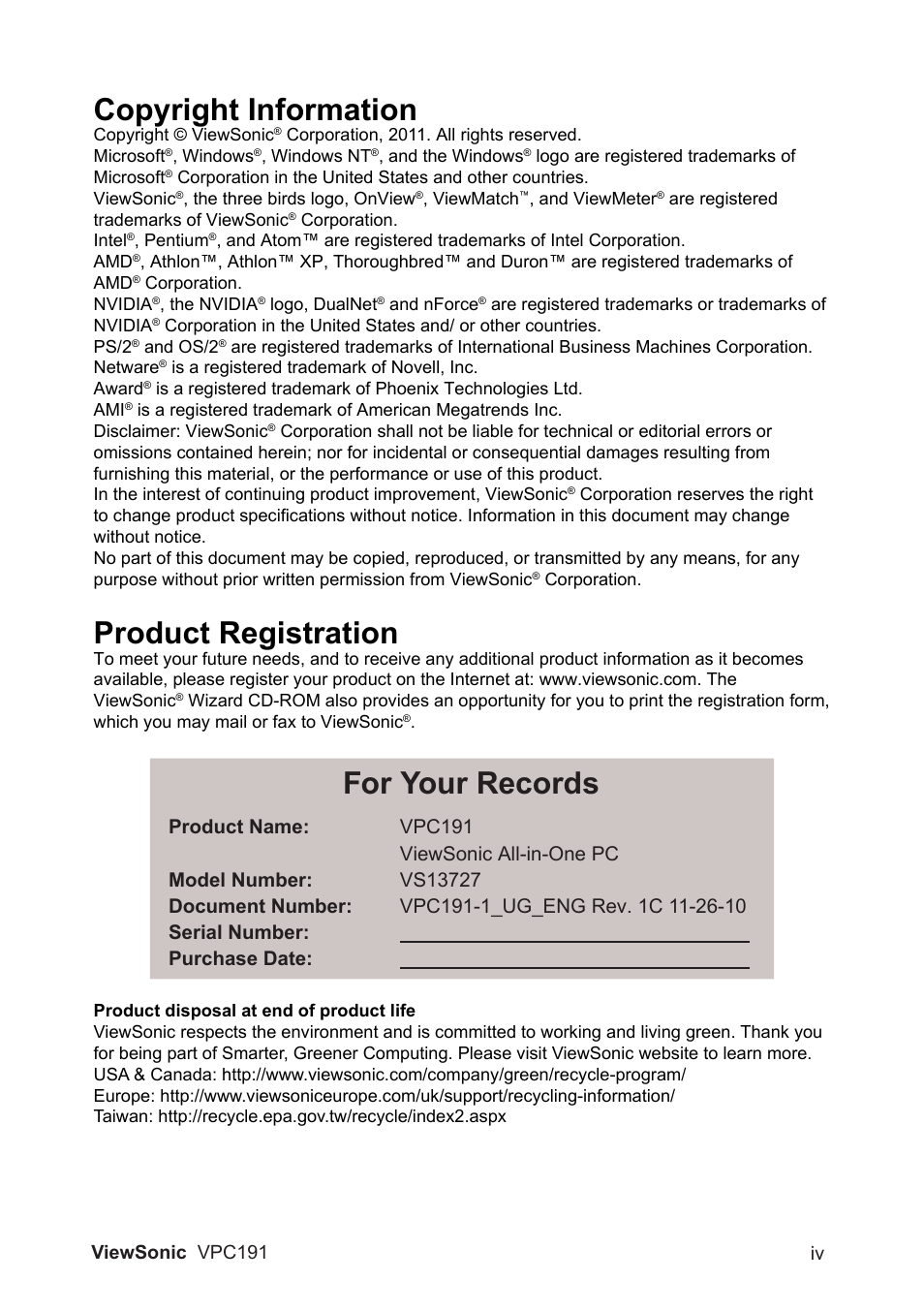 Copyright information, Product registration, For your records | VIEWSONIC VPC191 VS13727 User Manual | Page 5 / 19